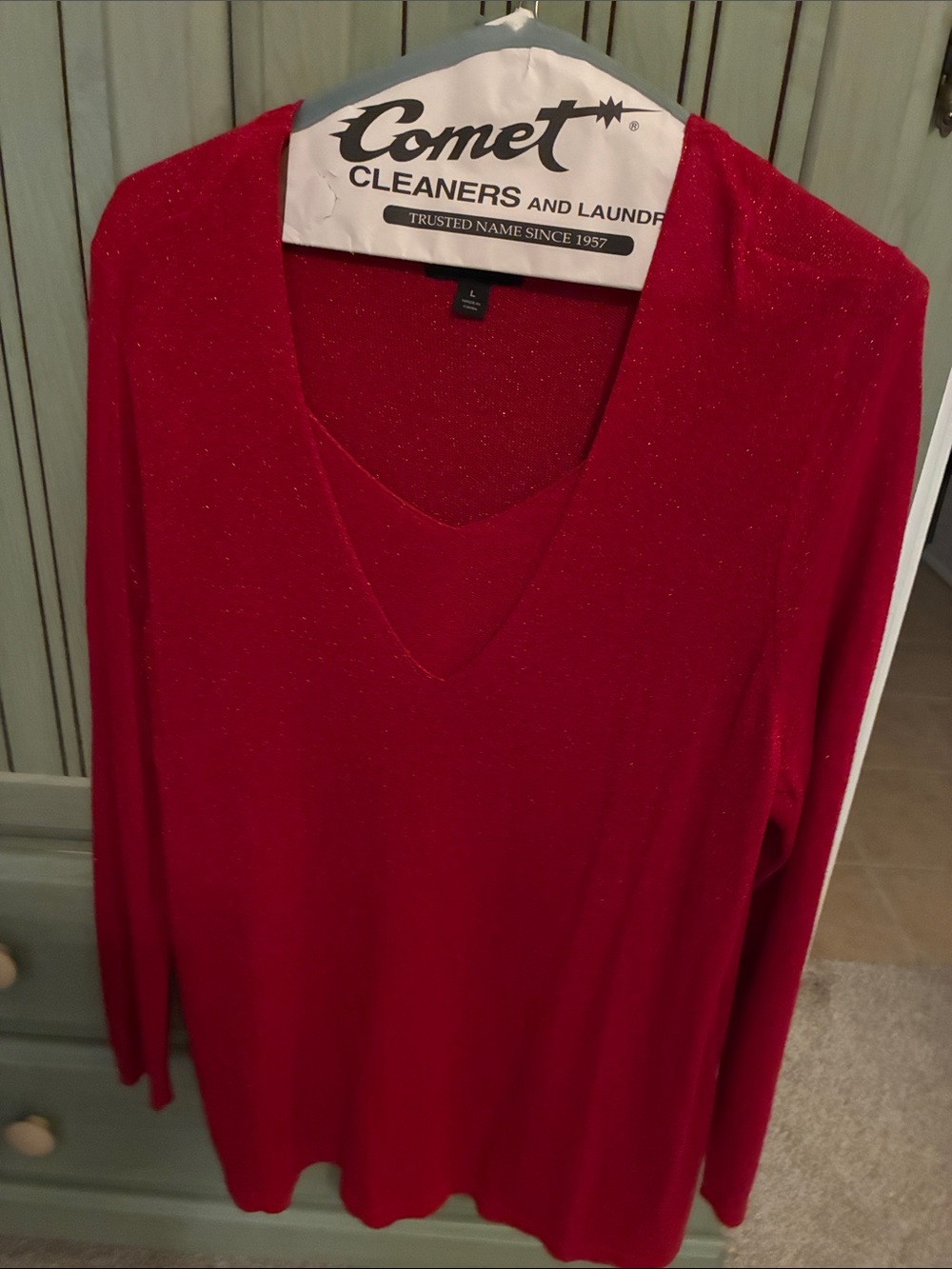 Investments Red Sparkle V-Neck Long Sleeve Top